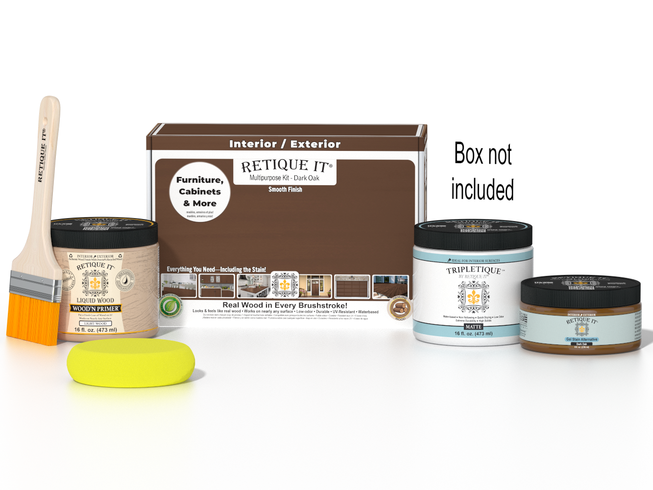 Retique It® Dark Oak Multipurpose Kit with Liquid Wood primer, Dark Oak gel stain alternative, Tripletique matte interior top coat, paintbrush, and yellow sponge displayed with the product box.