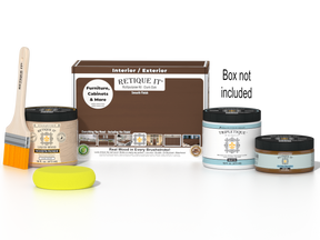 Retique It® Dark Oak Multipurpose Kit with Liquid Wood primer, Dark Oak gel stain alternative, Tripletique matte interior top coat, paintbrush, and yellow sponge displayed with the product box.