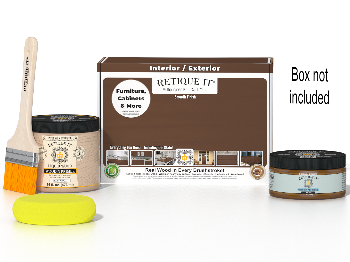 Retique It® Dark Oak Multipurpose Kit with Liquid Wood primer, Dark Oak gel stain alternative, paintbrush, and yellow sponge displayed with the product box.