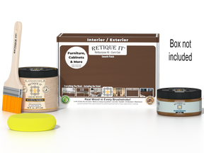 Retique It® Dark Oak Multipurpose Kit with Liquid Wood primer, Dark Oak gel stain alternative, paintbrush, and yellow sponge displayed with the product box.