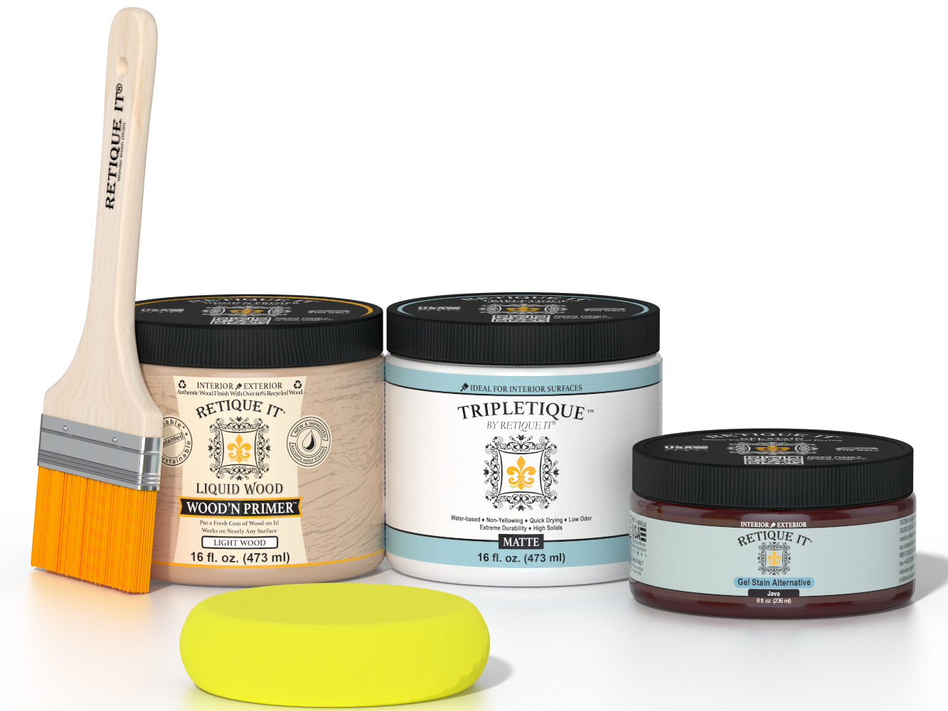 Retique It® Java Multipurpose Kit contents with Liquid Wood primer, Java gel stain alternative, Tripletique matte interior top coat, paintbrush, and yellow sponge.