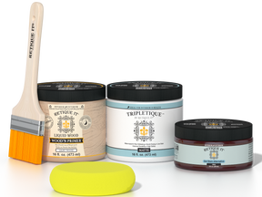 Retique It® Java Multipurpose Kit contents with Liquid Wood primer, Java gel stain alternative, Tripletique matte interior top coat, paintbrush, and yellow sponge.