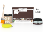 Retique It® Java Multipurpose Kit with Liquid Wood primer, Java gel stain alternative, paintbrush, and yellow sponge displayed with the product box.