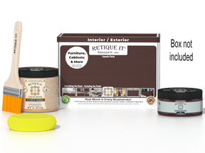 Retique It® Java Multipurpose Kit with Liquid Wood primer, Java gel stain alternative, paintbrush, and yellow sponge displayed with the product box.