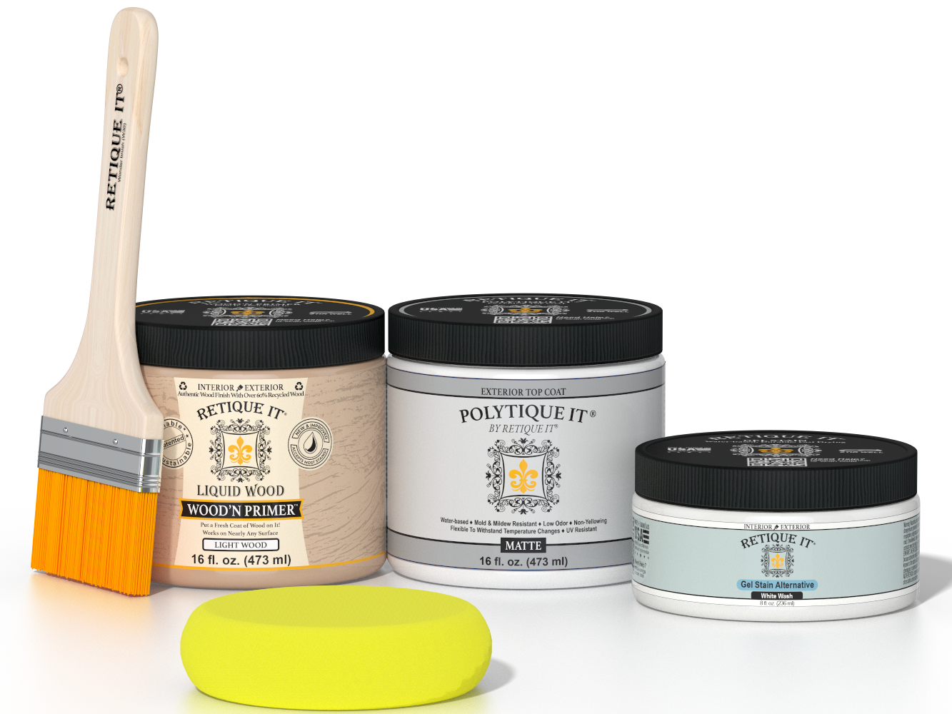 Retique It® White Wash Multipurpose Kit contents with Liquid Wood primer, White Wash gel stain alternative, PolyTique It® matte exterior top coat, paintbrush, and yellow sponge.