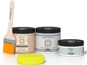 Retique It® White Wash Multipurpose Kit contents with Liquid Wood primer, White Wash gel stain alternative, PolyTique It® matte exterior top coat, paintbrush, and yellow sponge.