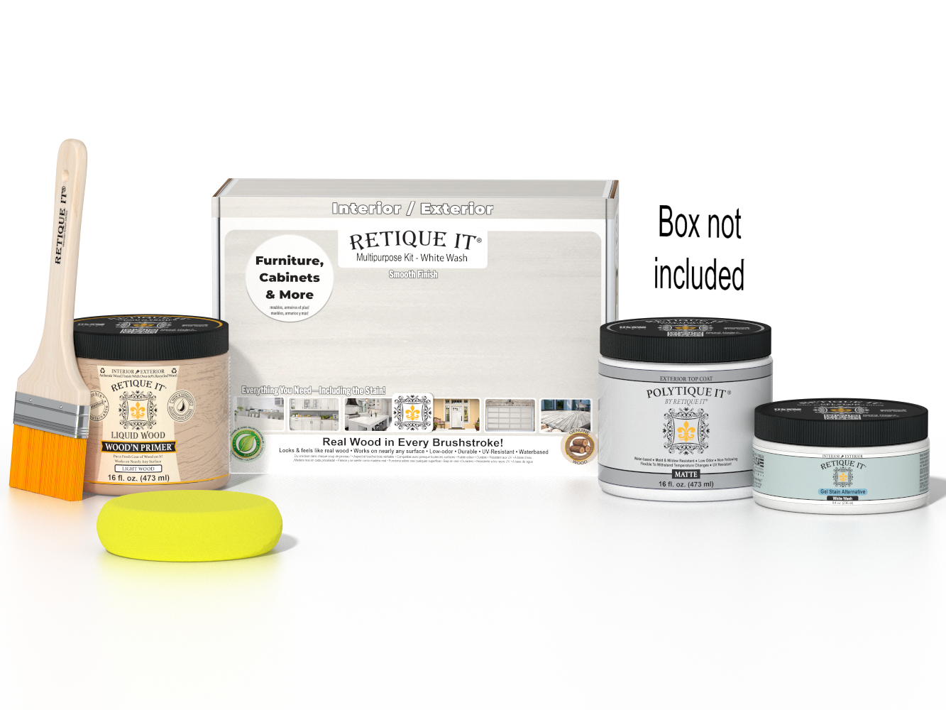 Retique It® White Wash Multipurpose Kit with Liquid Wood primer, White Wash gel stain alternative, PolyTique It® matte exterior top coat, paintbrush, and yellow sponge displayed with the product box.