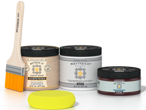 Retique It® Red Mahogany Multipurpose Kit contents with Liquid Wood primer, Red Mahogany gel stain alternative, PolyTique It® matte exterior top coat, paintbrush, and yellow sponge.