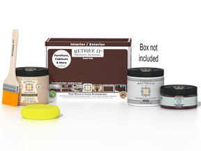 Retique It® Red Mahogany Multipurpose Kit with Liquid Wood primer, Red Mahogany gel stain alternative, PolyTique It® matte exterior top coat, paintbrush, and yellow sponge displayed with the product box.