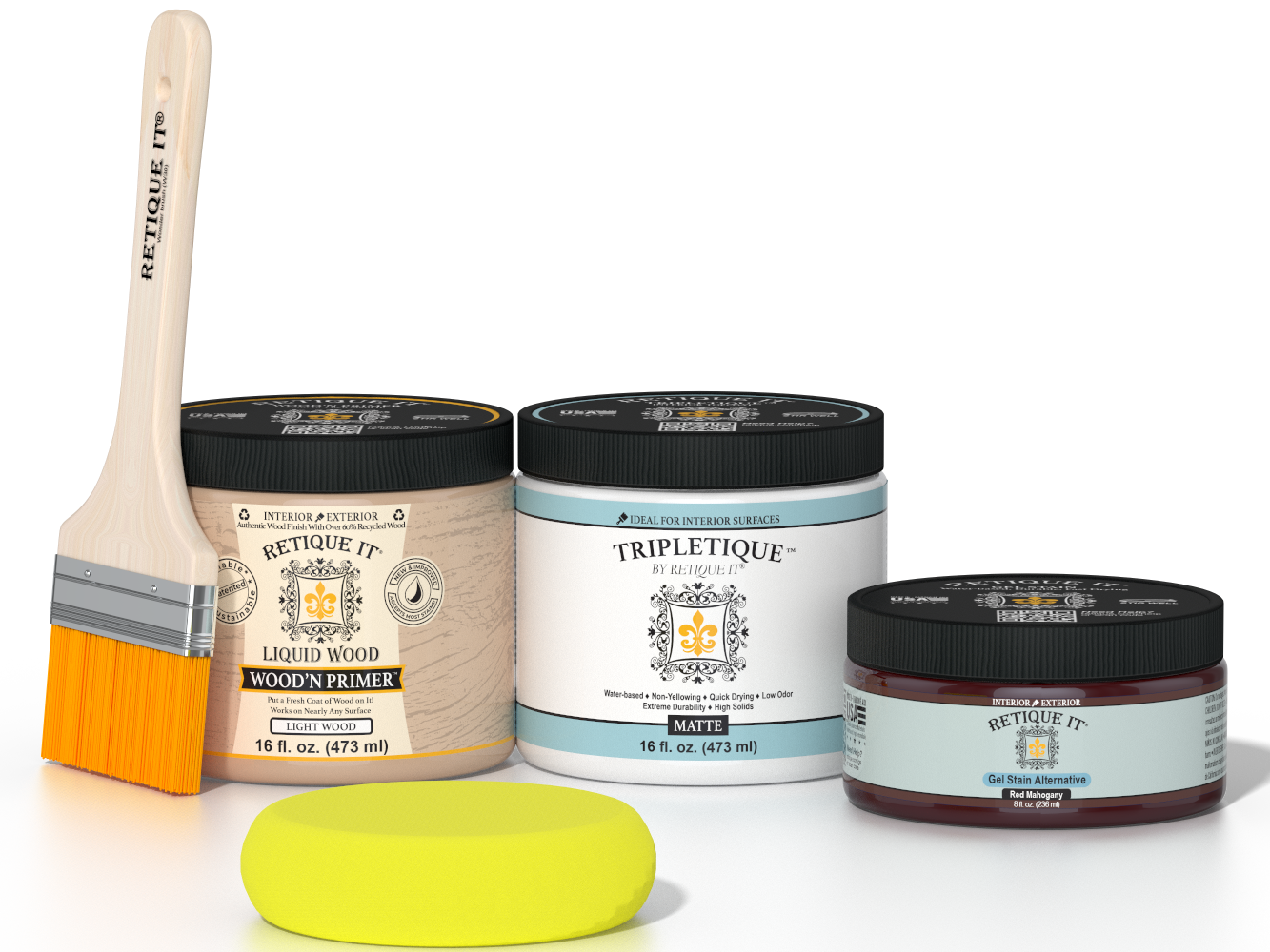 Retique It® Red Mahogany Multipurpose Kit contents with Liquid Wood primer, Red Mahogany gel stain alternative, Tripletique matte interior top coat, paintbrush, and yellow sponge.
