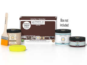 Retique It® Red Mahogany Multipurpose Kit with Liquid Wood primer, Red Mahogany gel stain alternative, Tripletique matte interior top coat, paintbrush, and yellow sponge displayed with the product box.