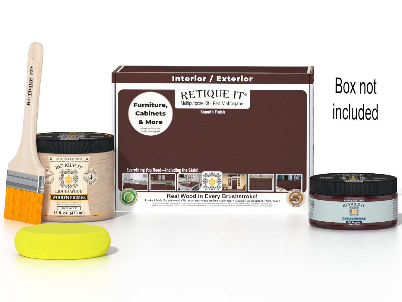 Retique It® Red Mahogany Multipurpose Kit with Liquid Wood primer, Red Mahogany gel stain alternative, paintbrush, and yellow sponge displayed with the product box.