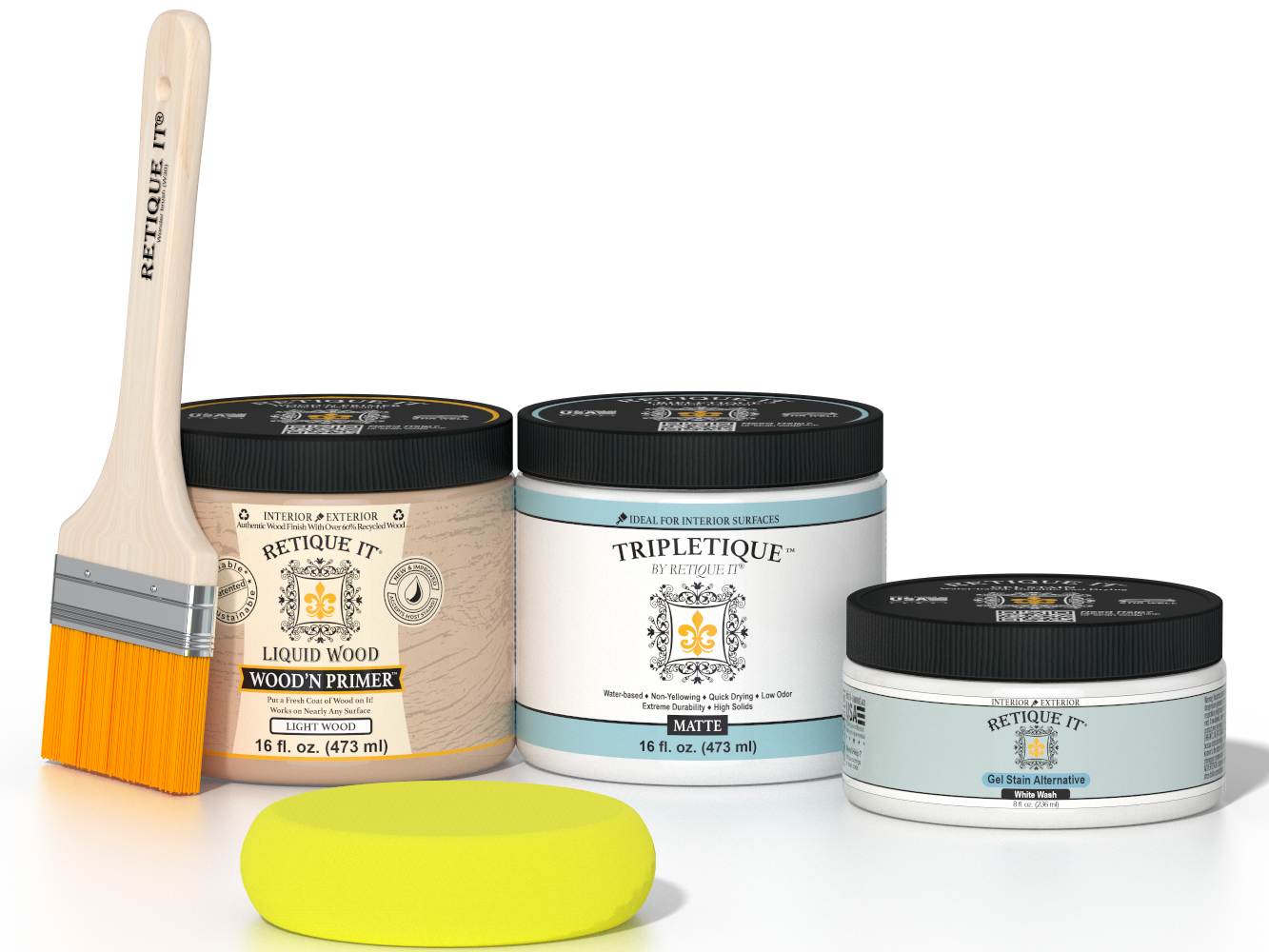 Retique It® White Wash Multipurpose Kit contents with Liquid Wood primer, White Wash gel stain alternative, Tripletique matte interior top coat, paintbrush, and yellow sponge.