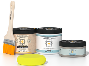 Retique It® Weathered Wood Multipurpose Kit contents with Liquid Wood primer, Weathered Wood gel stain alternative, Tripletique matte interior top coat, paintbrush, and yellow sponge.