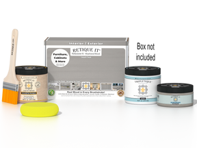 Retique It® Weathered Wood Multipurpose Kit with Liquid Wood primer, Weathered Wood gel stain alternative, Tripletique satin interior top coat, paintbrush, and yellow sponge displayed with the product box.