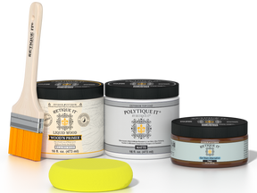 Retique It® White Oak Multipurpose Kit contents with Liquid Wood primer, Pecan gel stain alternative, matte exterior top coat, paintbrush, and yellow sponge.