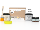 Retique It® White Oak Multipurpose Kit with Liquid Wood primer, Pecan gel stain alternative, matte exterior top coat, paintbrush, and yellow sponge displayed with the product box.