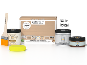 Retique It® White Oak Multipurpose Kit with Liquid Wood primer, Pecan gel stain alternative, matte exterior top coat, paintbrush, and yellow sponge displayed with the product box.