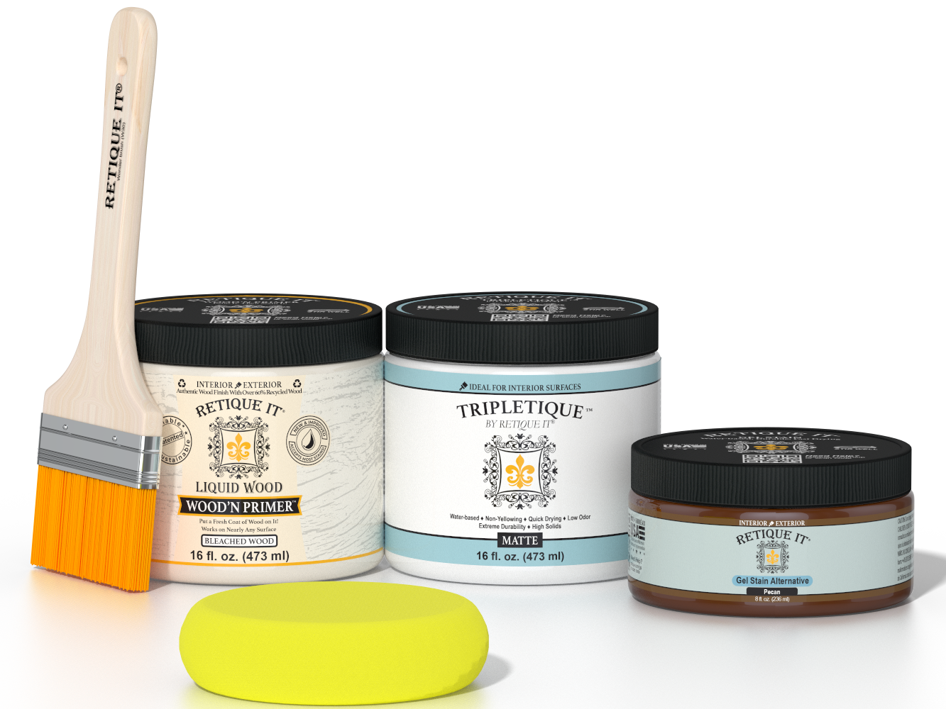 Retique It® White Oak Multipurpose Kit contents with Liquid Wood primer, Pecan gel stain alternative, Tripletique matte interior top coat, paintbrush, and yellow sponge.