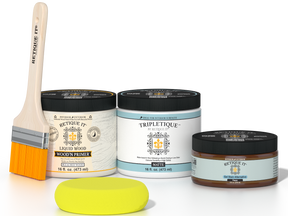 Retique It® White Oak Multipurpose Kit contents with Liquid Wood primer, Pecan gel stain alternative, Tripletique matte interior top coat, paintbrush, and yellow sponge.