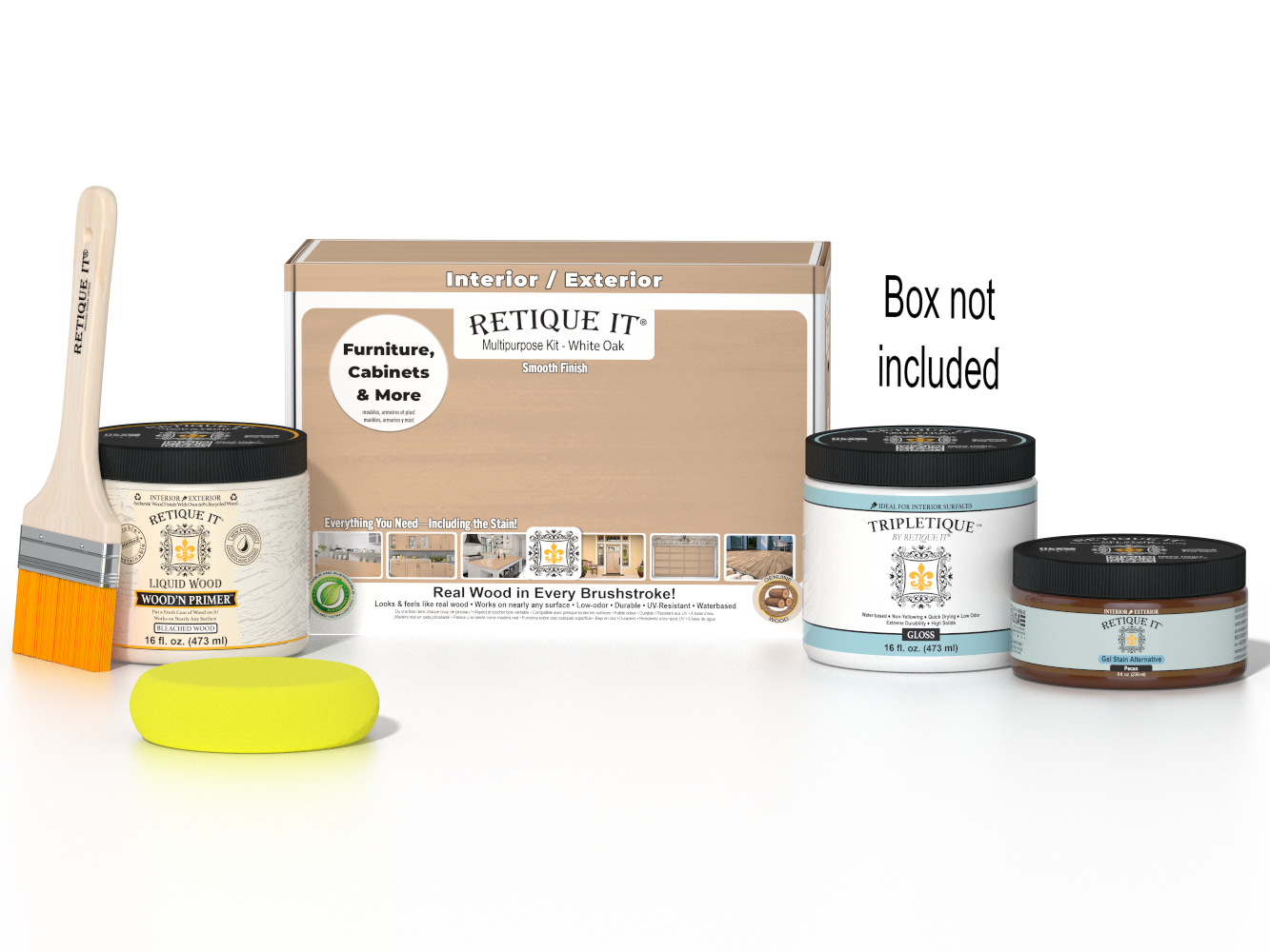 Retique It® White Oak Multipurpose Kit with Liquid Wood primer, Pecan gel stain alternative, Tripletique gloss interior top coat, paintbrush, and yellow sponge displayed with the product box.