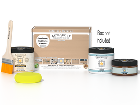 Retique It® White Oak Multipurpose Kit with Liquid Wood primer, Pecan gel stain alternative, Tripletique gloss interior top coat, paintbrush, and yellow sponge displayed with the product box.