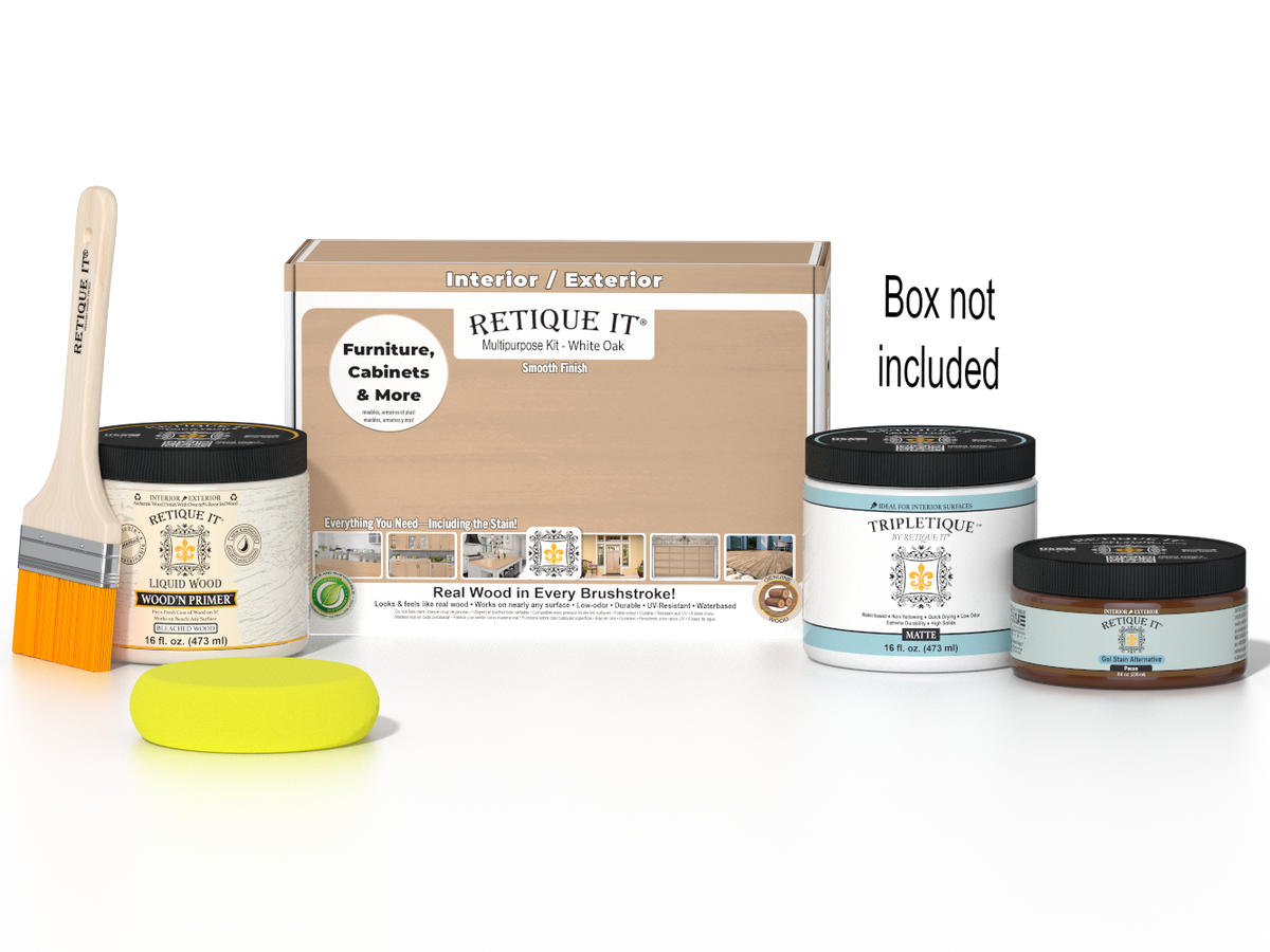 Retique It® White Oak Multipurpose Kit with Liquid Wood primer, Pecan gel stain alternative, Tripletique matte interior top coat, paintbrush, and yellow sponge displayed with the product box.