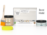 Retique It® White Wash Multipurpose Kit with Liquid Wood primer, White Wash gel stain alternative, paintbrush, and yellow sponge displayed with the product box.