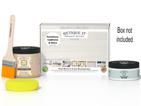 Retique It® White Wash Multipurpose Kit with Liquid Wood primer, White Wash gel stain alternative, paintbrush, and yellow sponge displayed with the product box.