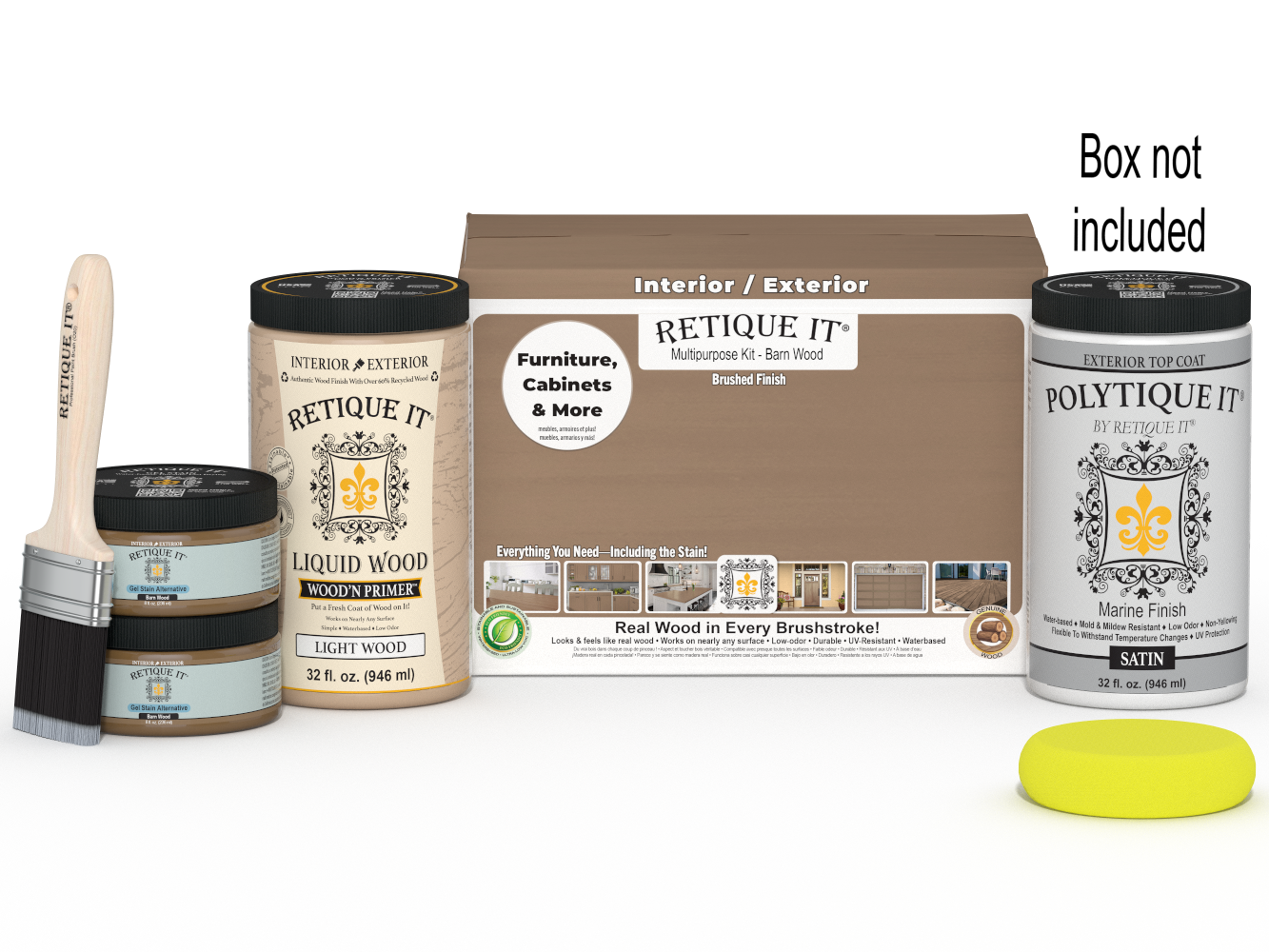 Large Barn Wood Multi-purpose Smooth Finish Kit by Retique It® for exterior wood top coating, includes application tools and product box.