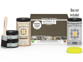 Large black walnut wood finish kit with exterior top coat in matte, including brushes and accessories, by Retique It®.