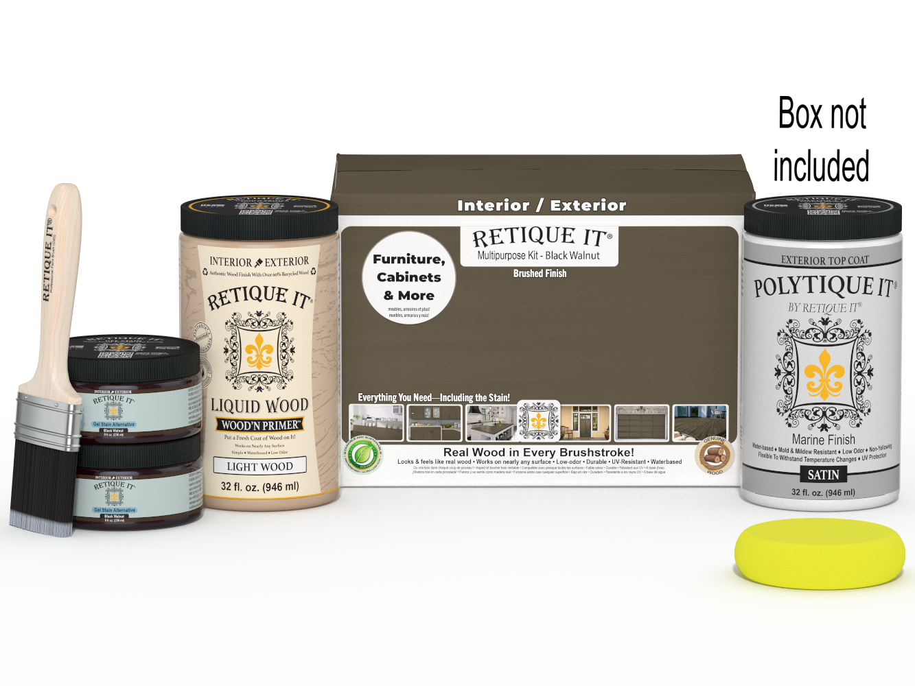 Large Black Walnut Wood'n Finish Kit by Retique It® with exterior top coat for multi-purpose wood finishing projects.