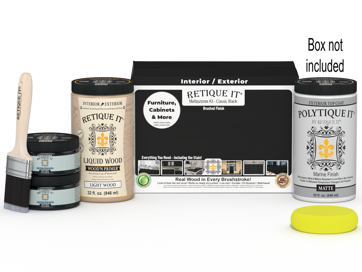 Retique It® Multi-purpose Smooth Finish Kit (Large) in classic black with exterior top coat and matte finish, including brushes and tools.