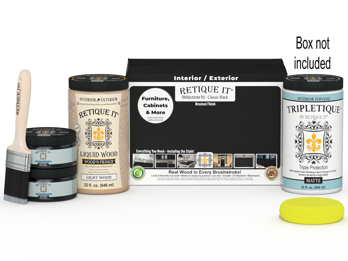 Large Black wood finish kit by Retique It® with interior top coat in sleek black, featuring brushes and finishing supplies.