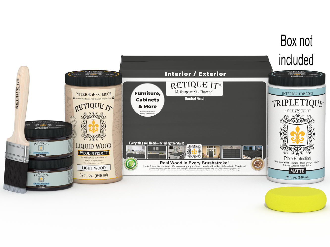 Retique It® Multi-purpose Smooth Finish Kit (Large) in charcoal for interior wood top coating, includes application tools and instructions.