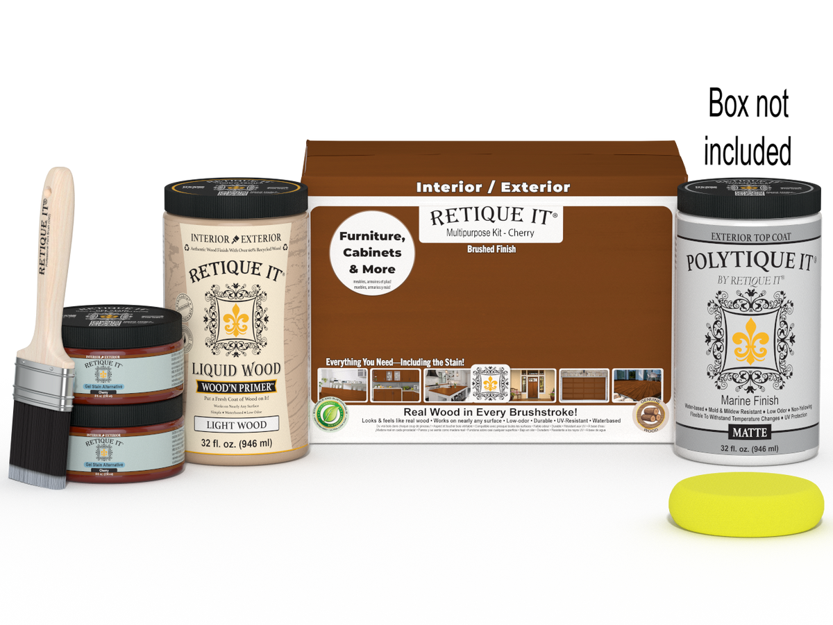 Large Cherry wood finish kit by Retique It® with exterior top coat, smooth matte finish for multi-purpose woodworking projects.