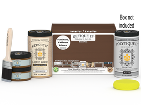 Large Dark Oak wood finish kit from Retique It® with exterior top coat and matte finish, including tools and products in the box.