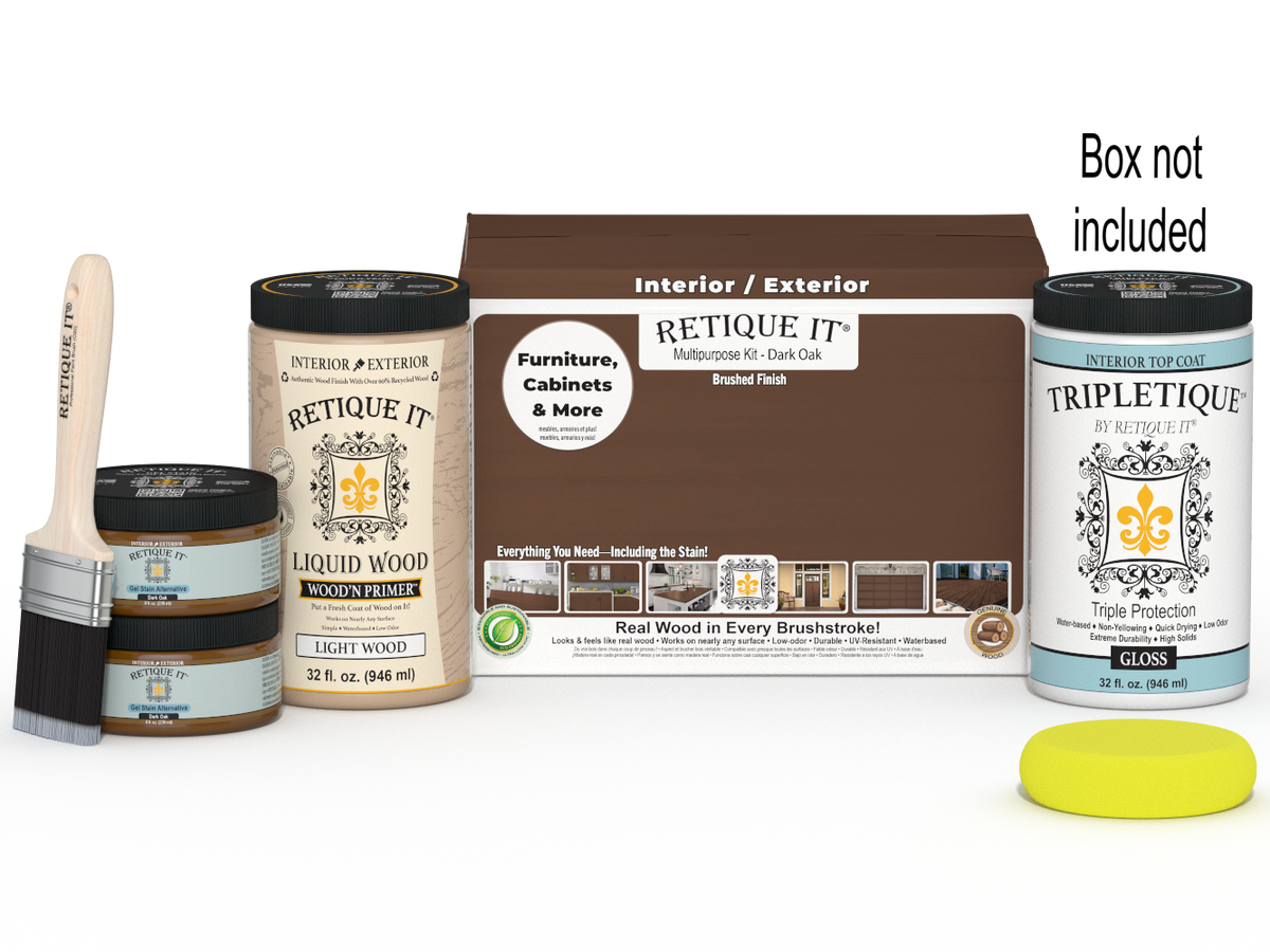 Retique It Multi-purpose Smooth Finish Kit (Large) in Dark Oak for interior wood top coat with glossy finish, includes application tools.