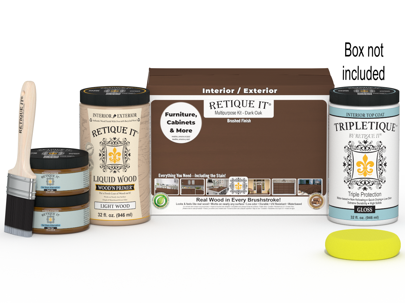 Retique It® Multi-purpose Smooth Finish Kit (Large) in Dark Oak for interior wood top coat with glossy finish, includes application tools.