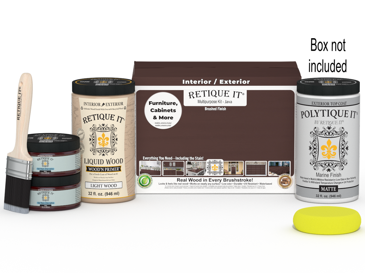 Large Java wood finish kit with exterior top coat, smooth matte finish, from Retique It® Wood'n Finish Kits, includes application box.