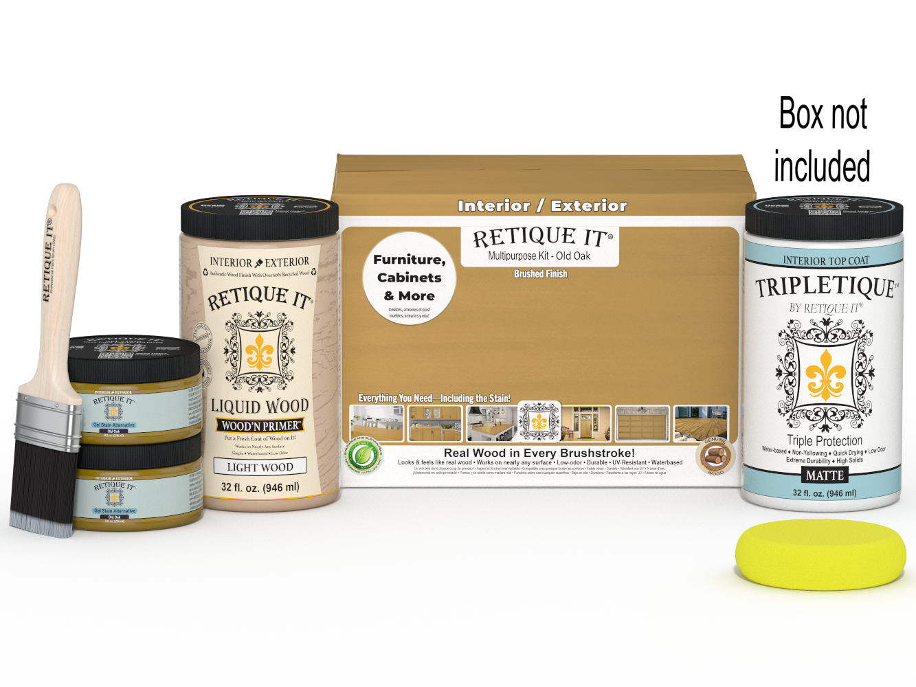 Retique It® large Multi-purpose Smooth Finish Kit in Old Oak for interior wood top coating, includes applicator tools and wood stain.