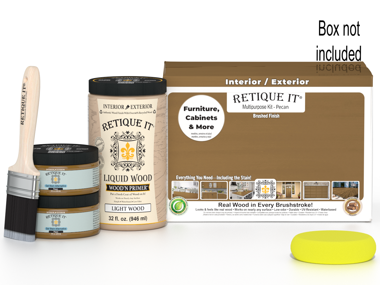Large Pecan wood finish kit from Retique It® with smooth finish, including brushes and finishing tools for wood projects.