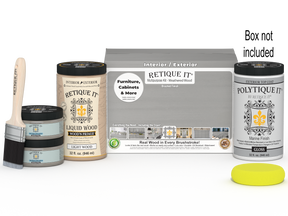 Large Weathered Wood Multi-purpose Smooth Finish Kit by Retique It® for exterior top coating, includes brushes and finishing tools.