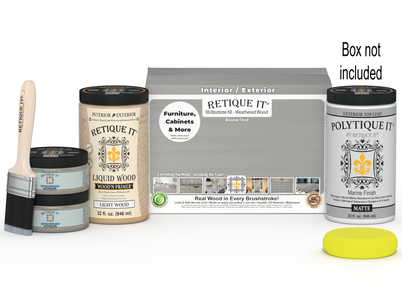 Large Weathered Wood Multi-purpose Smooth Finish Kit by Wood'n Finish for Retique It® exterior top coating, includes box and tools.