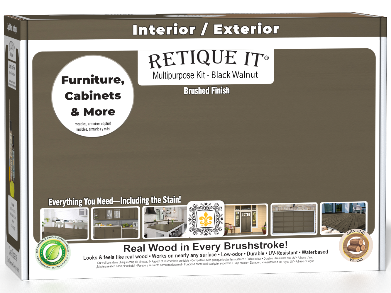 Retique It® Black Walnut Multi-purpose Smooth Finish Kit with wood stain and finishing supplies, in a compact box.