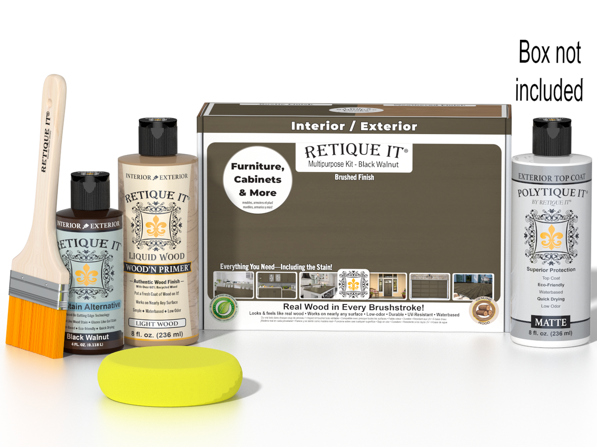 Retique It® black walnut multi-purpose wood finish kit with exterior top coat and applicator brushes, designed for wood finishing.