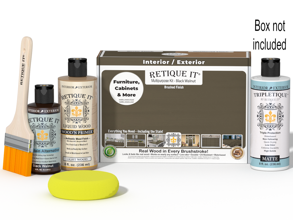 Retique It® Multi-purpose Smooth Finish Kit in Black Walnut for interior wood projects, includes top coat and accessories.
