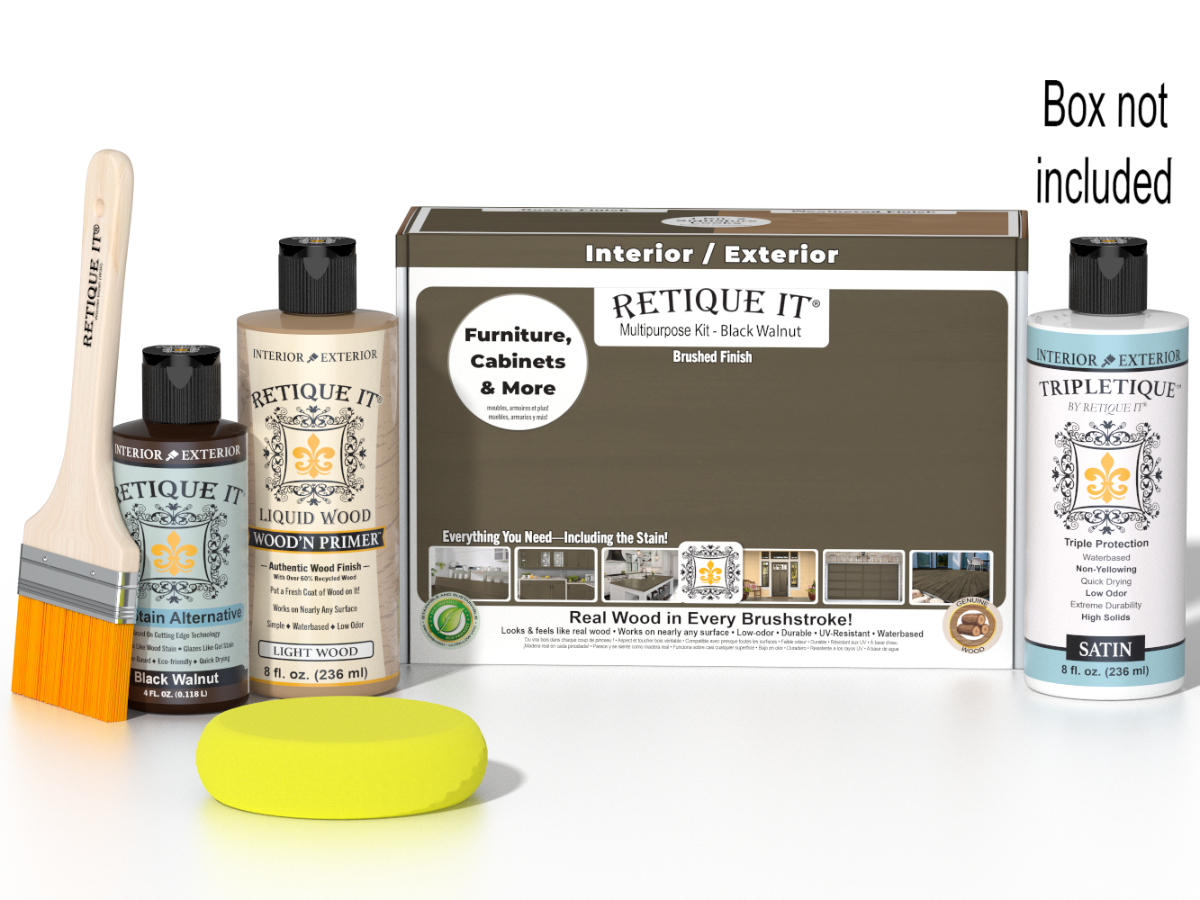 Retique It® Multi-purpose Smooth Finish Kit in Black Walnut for interior wood projects, includes top coat and application tools.