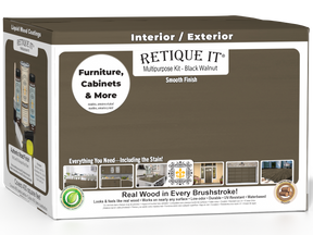 Retique It® wood finish kit with four black walnut interior top coat bottles in a box, showcasing smooth finish for wood projects.