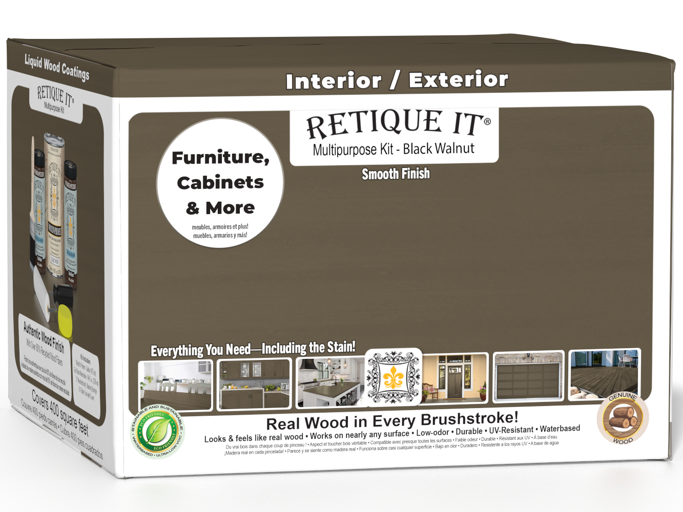 Retique It® Black Walnut Multi-purpose Smooth Finish Kit (4x large) for wood projects, showing the kit box with finish applications.